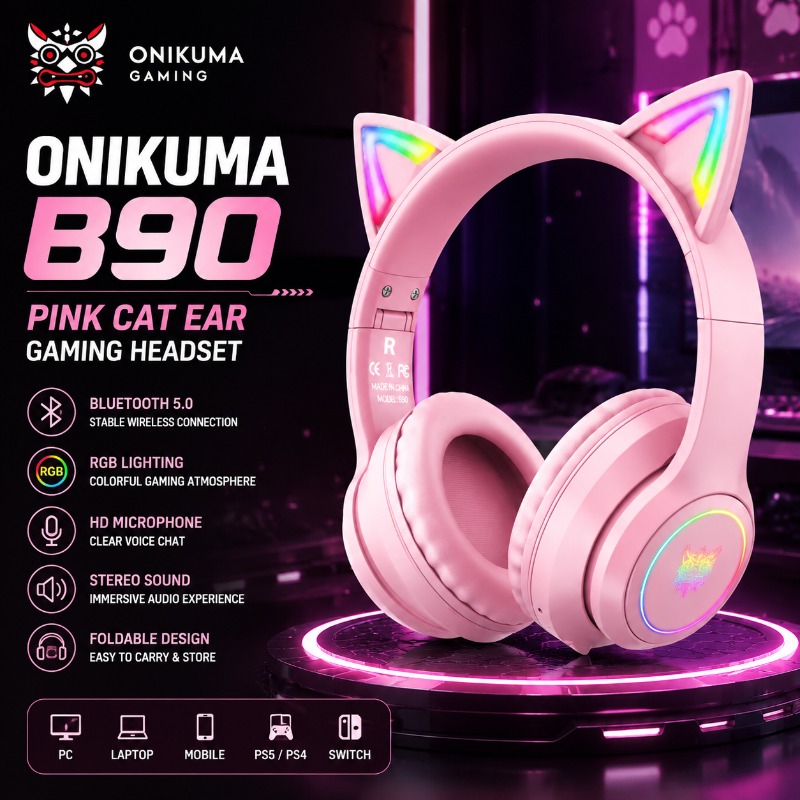 Gaming Headset With Mic Rgb - Onikuma B90 Headset Gaming Telinga Kucing