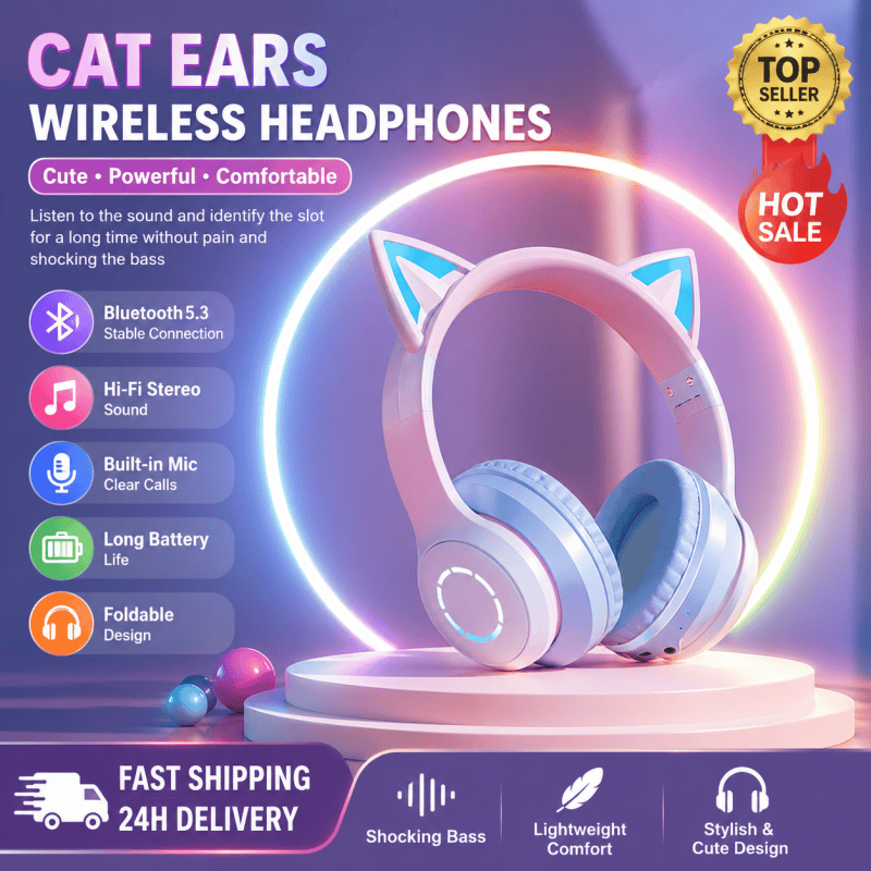 Headphone Bluetooth RGB Terlar - Cat Ear Bluetooth Headset Led ulasan dan harga