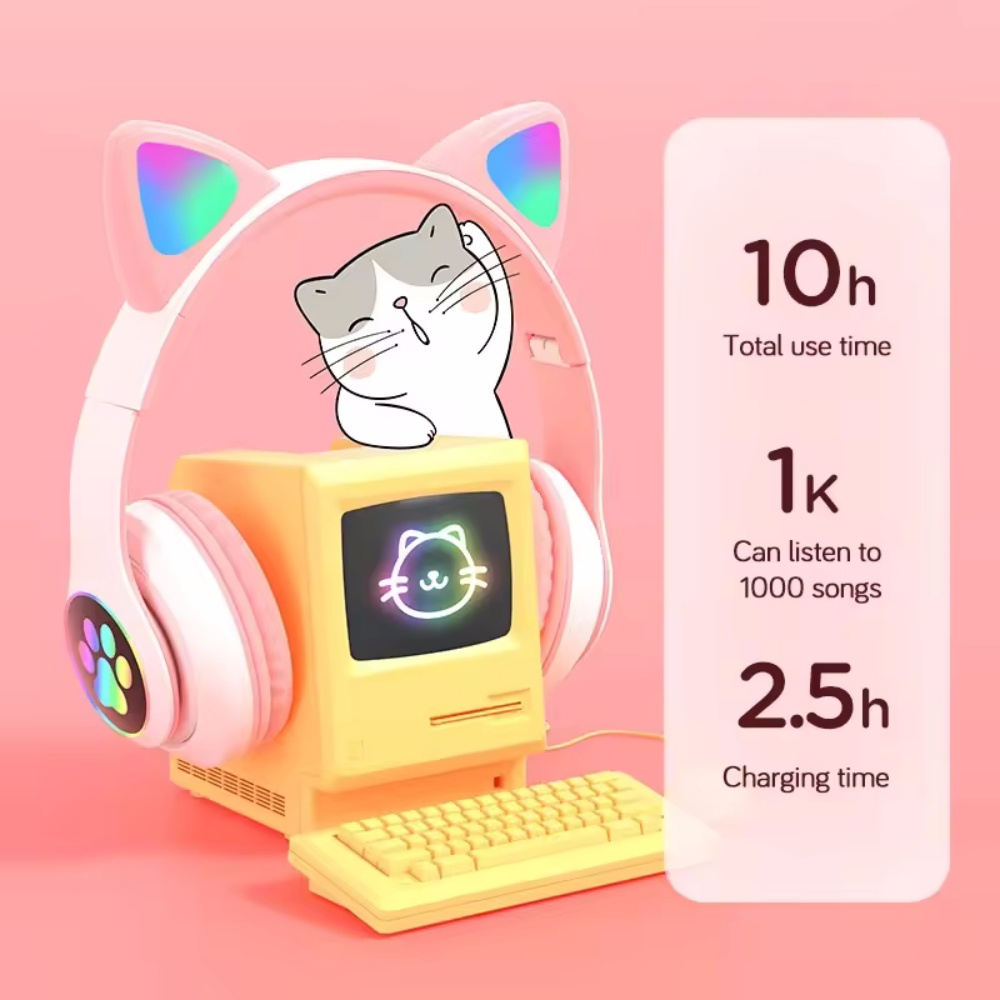 Headset Nirkabel Telinga Kucin - Cat Ear Bluetooth Headset Led ulasan dan harga